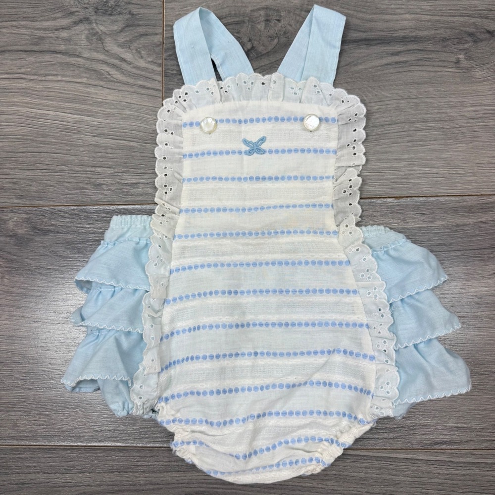 Vintage Stone Apparel Baby Blue Eyelet Lace Ruffle Romper 24 Months Made in USA